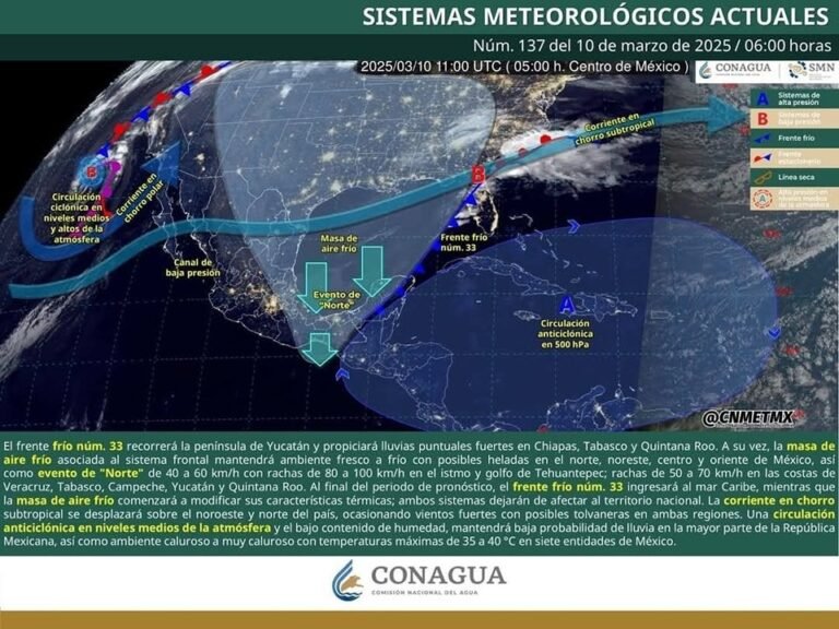 Frente frío núm. 33 impactará la Península de Yucatán con lluvias fuertes y vientos intensos
